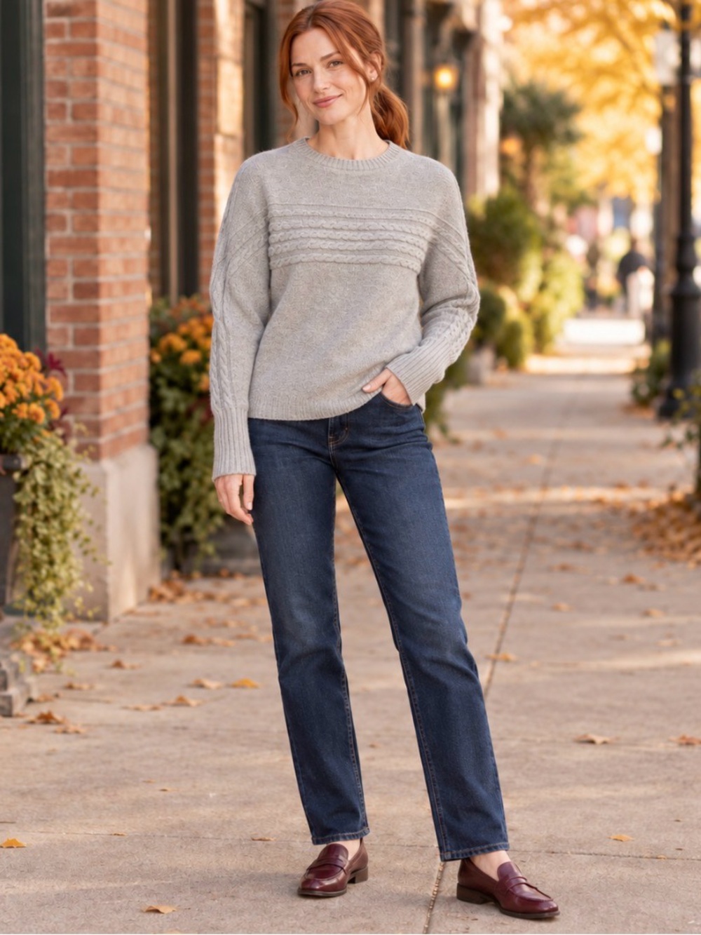 Maurices Light Grey Crewneck Cable Sleeve Sweater
